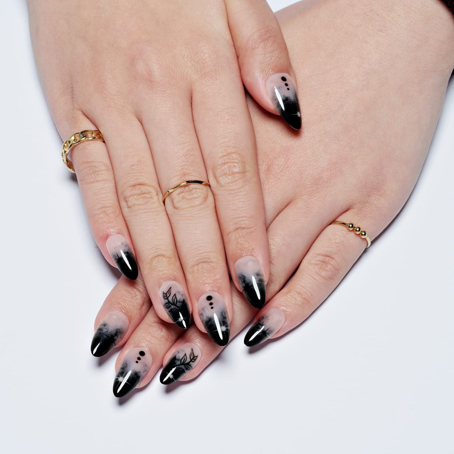 GLAMERMAID Press on Nails Medium Almond, Gothic Black Ombre French Tip Gel Glue on Nail, Glossy Short Stiletto Reusable UV Finish Fake Nails Acrylic