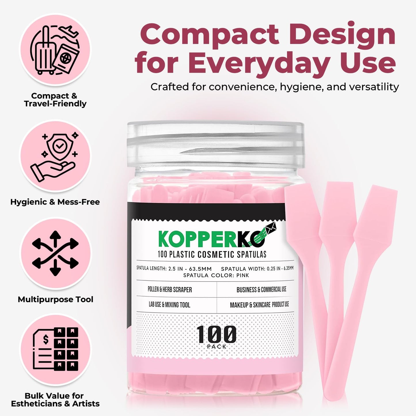 Kopperko Cosmetic Spatulas (2.5”, 100 Pack) - Small Plastic Spatula for Cosmetics, Creams & Crafts | Essential Esthetician Supplies | Makeup Spatula Beauty and Personal Care Kopperko
