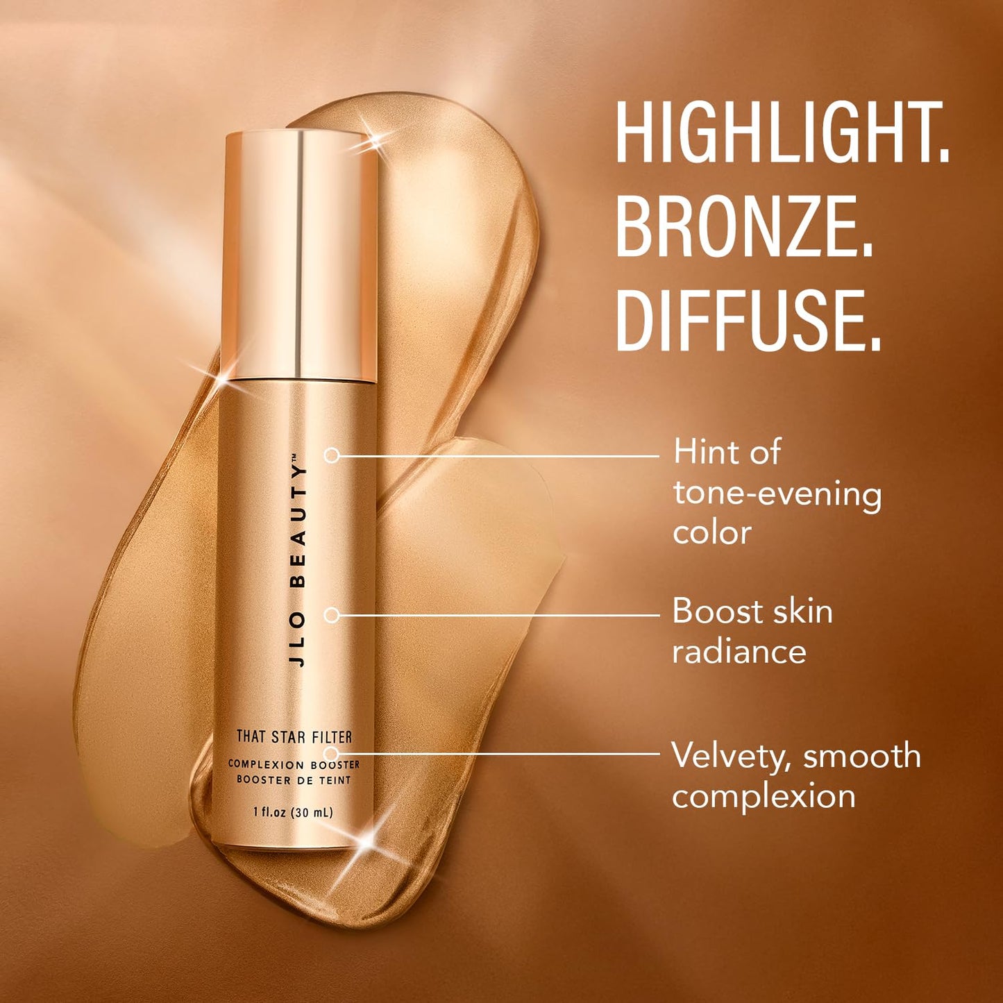 JLO BEAUTY Complexion Booster Highlighter & Bronzer for Face & Body, Rich Bronze, Lightweight Skin Care Makeup Primer with Vitamin E, Sheer Shimmer
