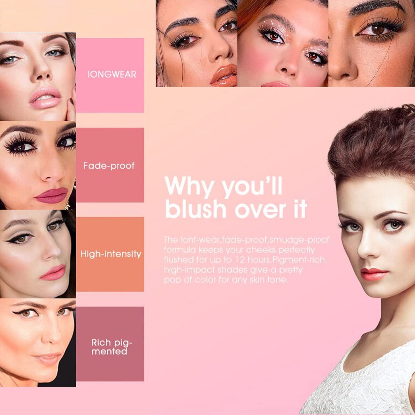 12 Colors Blush Palette,Highlighter Blush Powder Makeup,Long-Wearing,Smudge Proof,Natural-Looking,Blendable Cruelty-Free Matte Finish,Contour