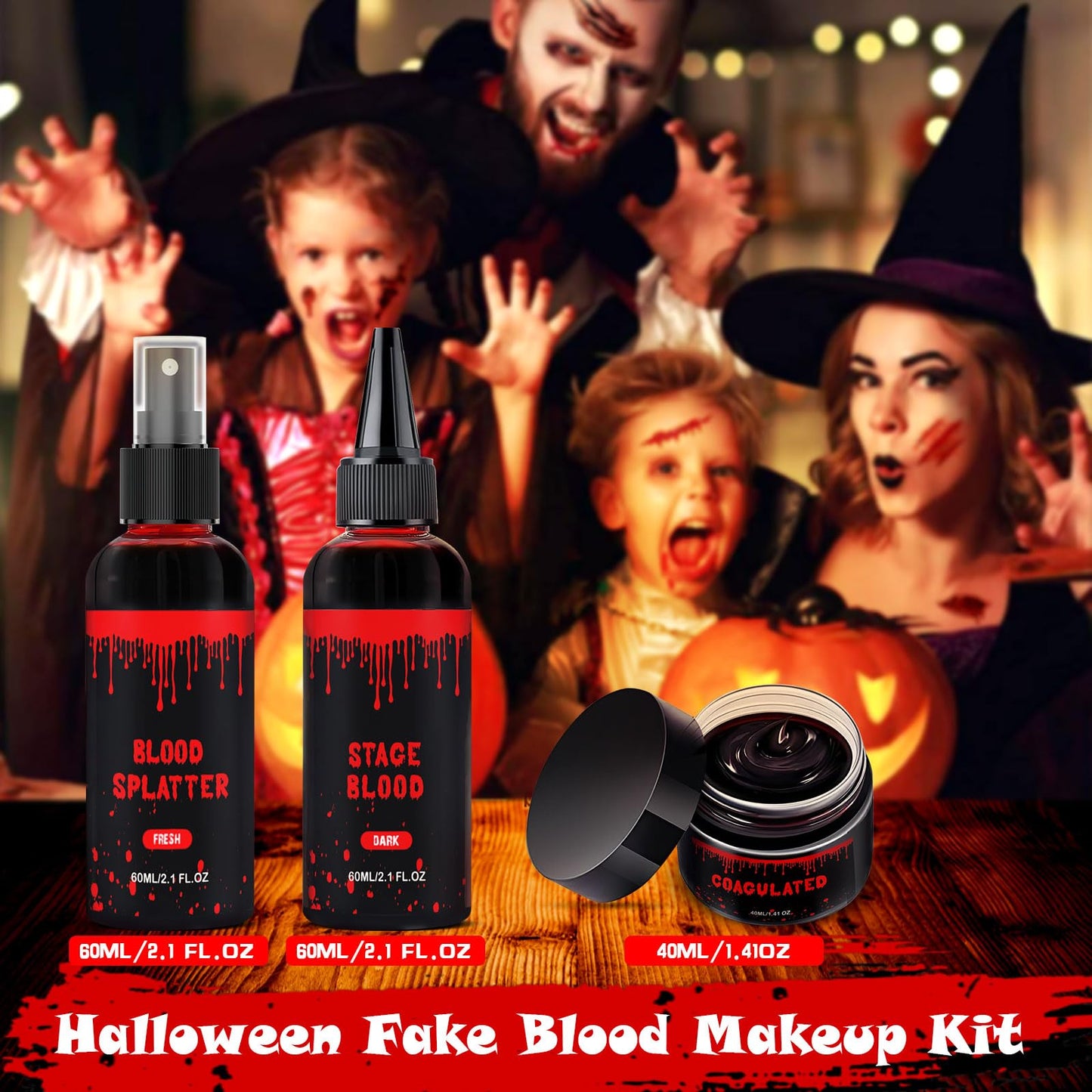 Halloween Fake Blood Makeup Kit 3PCS, Blood Spray 2.1oz, Dripping Blood 2.1oz, Coagulated Gel 1.41oz, Washable SFX Makeup Set for Vampire Zombie