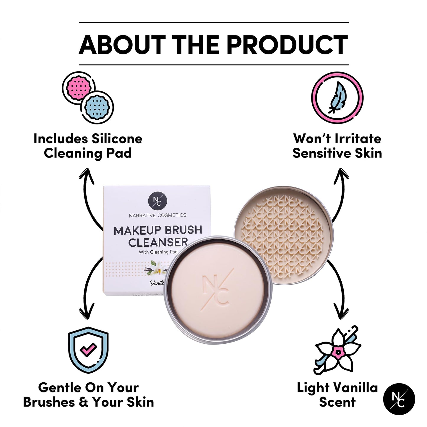 Narrative Cosmetics Solid Makeup Brush Cleanser Soap with Silicone Cleaning Pad, Cleans Natural & Synthetic Brushes, Vegan, Cruelty-Free, Natural