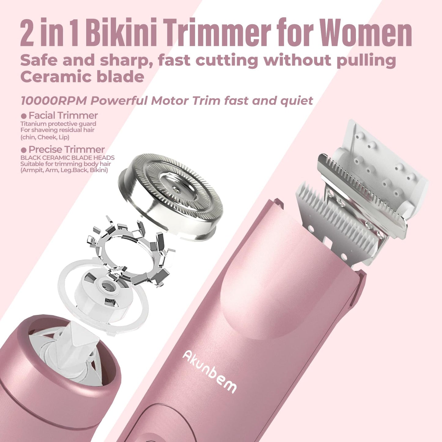 Akunbem Bikini Trimmer for Women - 2 in 1 Electric Razors for Women - Dual Head Electric Shaver - IPX7 Waterproof Wet & Dry Use Body Hair Trimmer Beauty and Personal Care Akunbem