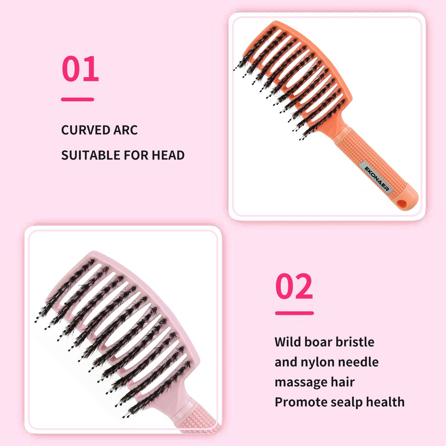 EKONAER 3 Pack Vented Quick Drying Massage Blow Detangler Brush,Boar Bristle Hair Brush Set-Curved,Detangling Hair Brush for Women Long,Thick, Thin