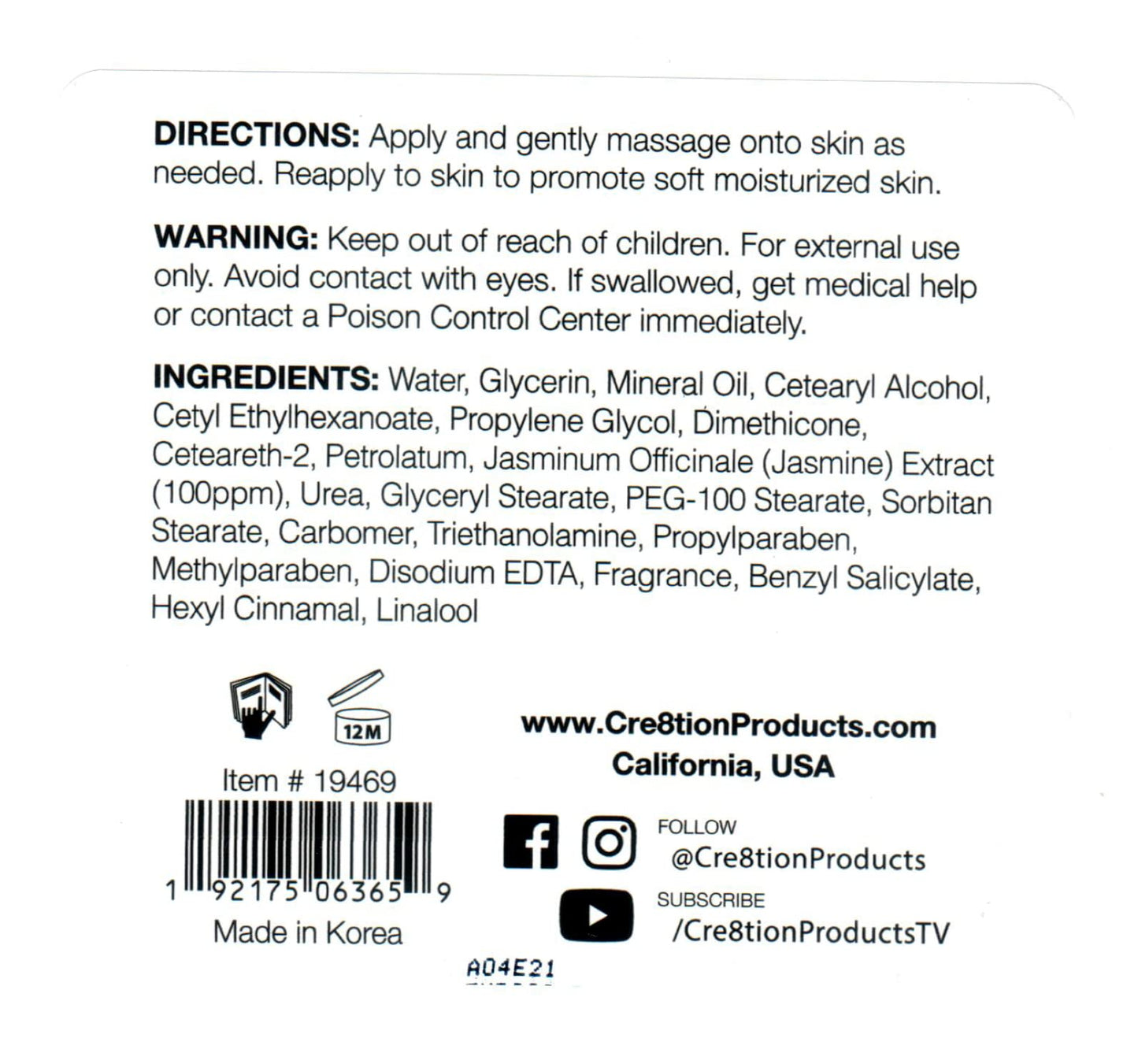 Cre8tion Spa Hand & Body Lotion Nourishing Skin Lotion Moisturizer From Dryness and Flaking 750ml / 25 fl oz (Jasmine)