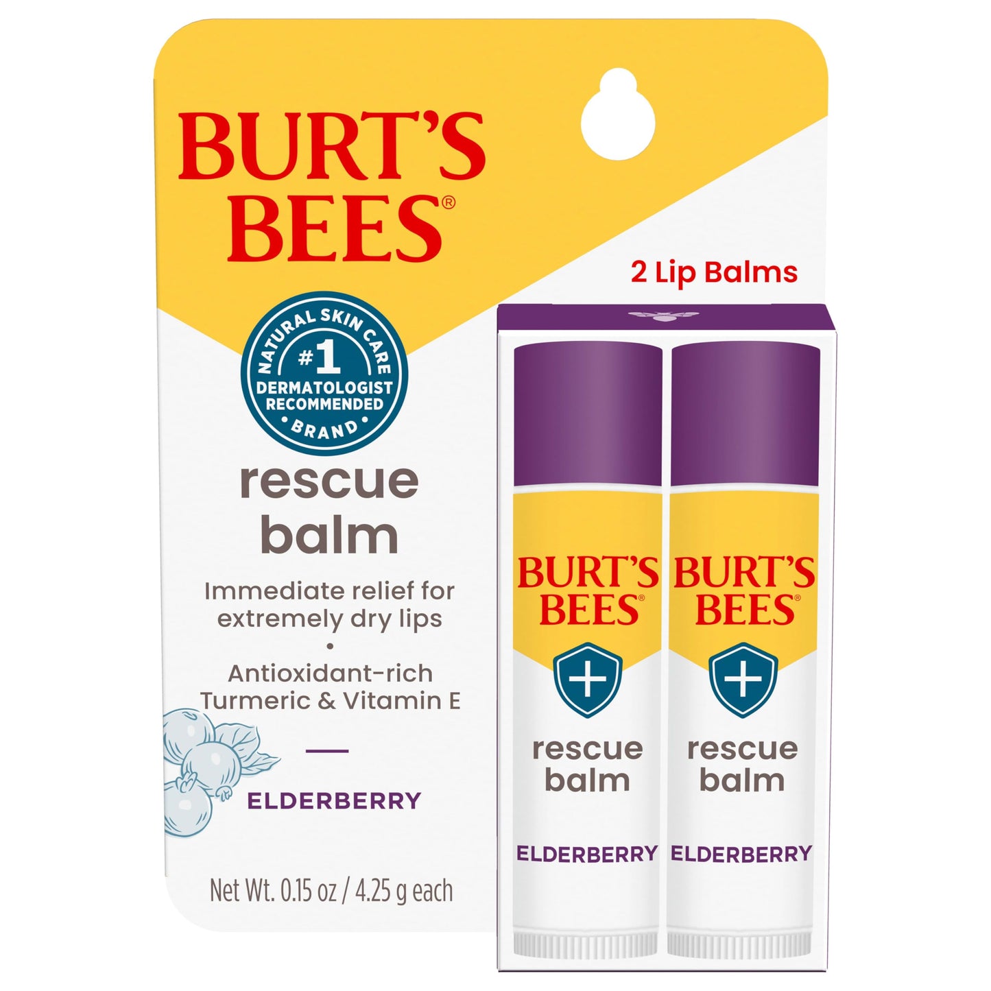 Burt's Bees Rescue Balm Elderberry Lip Balm, With Antioxidant-Rich Elderberry, Tint-Free, Natural Origin Lip Care, 2 Tubes, 0.15 oz.