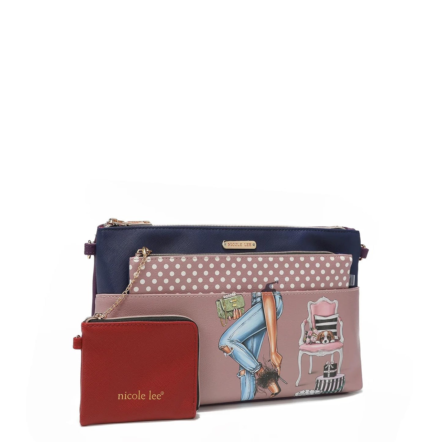 NICOLE LEE 3 Pieces Handbag Pouch Set, Removable Crossbody Strap, Large, Medium Small Zip Pouches, Travel Set (Be My Valentine)