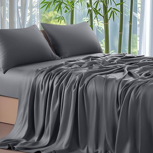 Shilucheng 100% Viscose Derived from Bamboo_ Sheets Queen Size 4pcs - Ultra Cooling & Silky Soft Bed Sheets, 16" Deep Pocket, Perfect for Hot