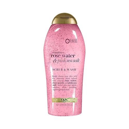 OGX Sensitive + Rose Water & Pink Sea Salt Exfoliating Body Scrub + Rose Quartz, Gentle Exfoliating Daily Body Wash Softens Skin, Body Scrub