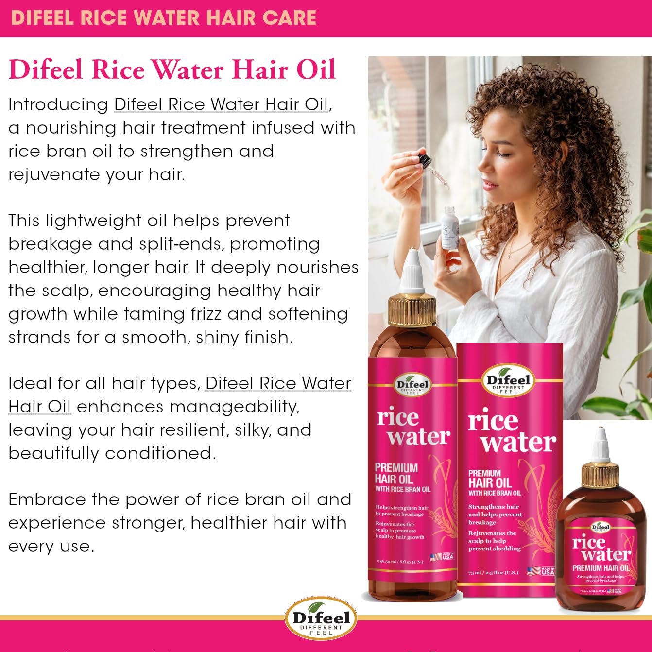Difeel Rice Water Premium Hair Oil 2.5 oz. - Strengthening Rice Water Moisturizer for Hair