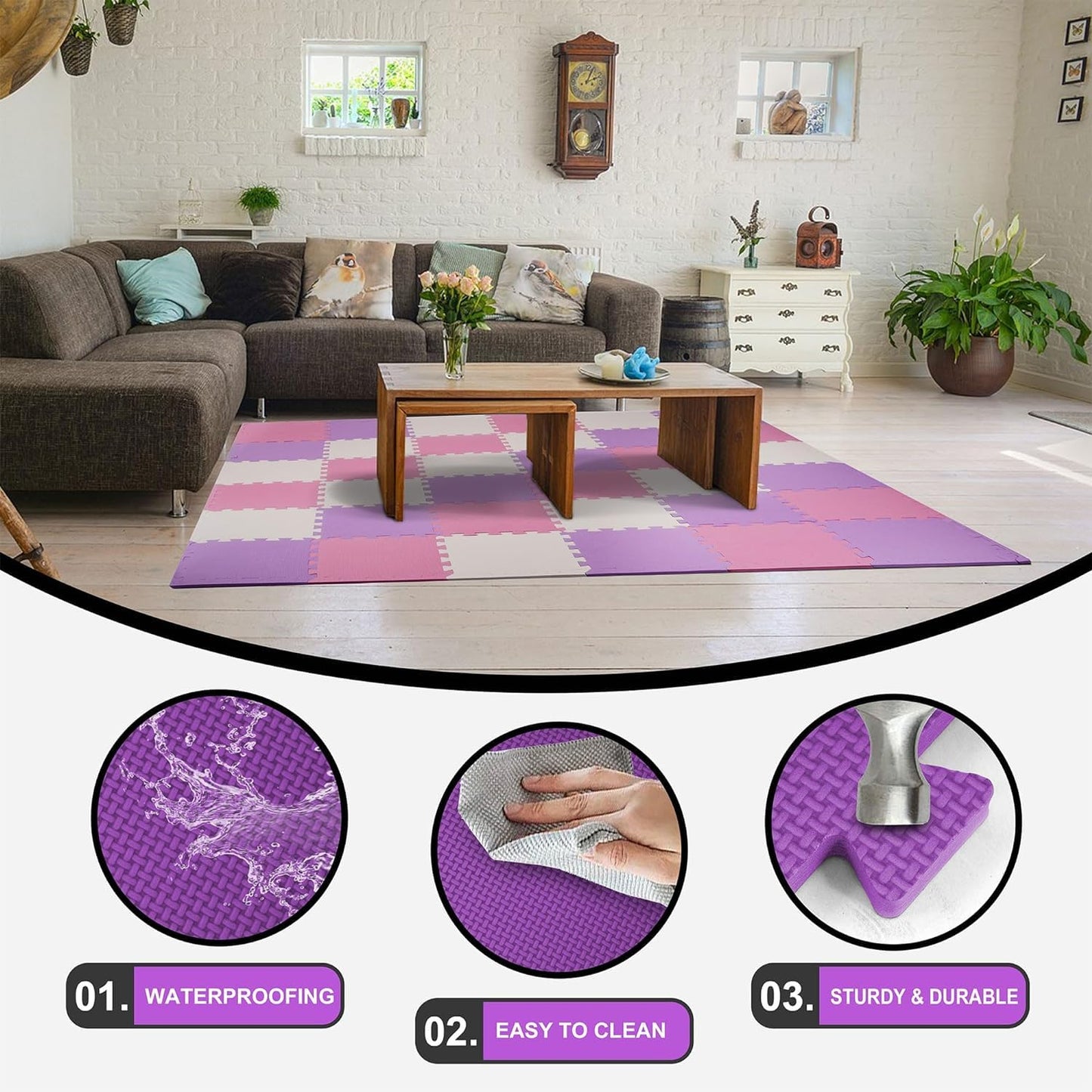 BalanceFrom Puzzle Play Mat – 36 Interlocking Foam Floor Tiles, Pink/Purple/Beige, Soft Playroom Flooring for Indoor & Outdoor Playpen