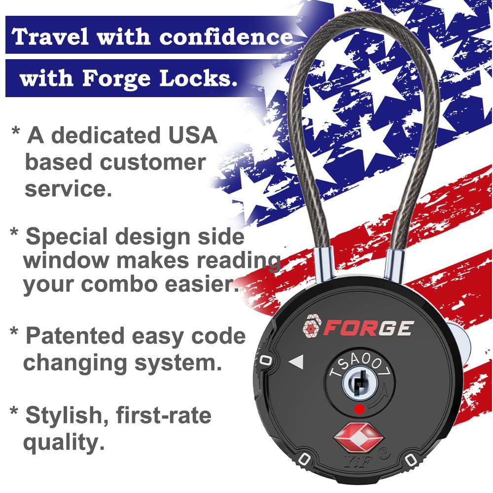 Forge TSA Approved Luggage Locks – 4 Pack Combination Travel Locks with Zinc Alloy Cable for Suitcases, Pelican Case, Ammo Box & Bags