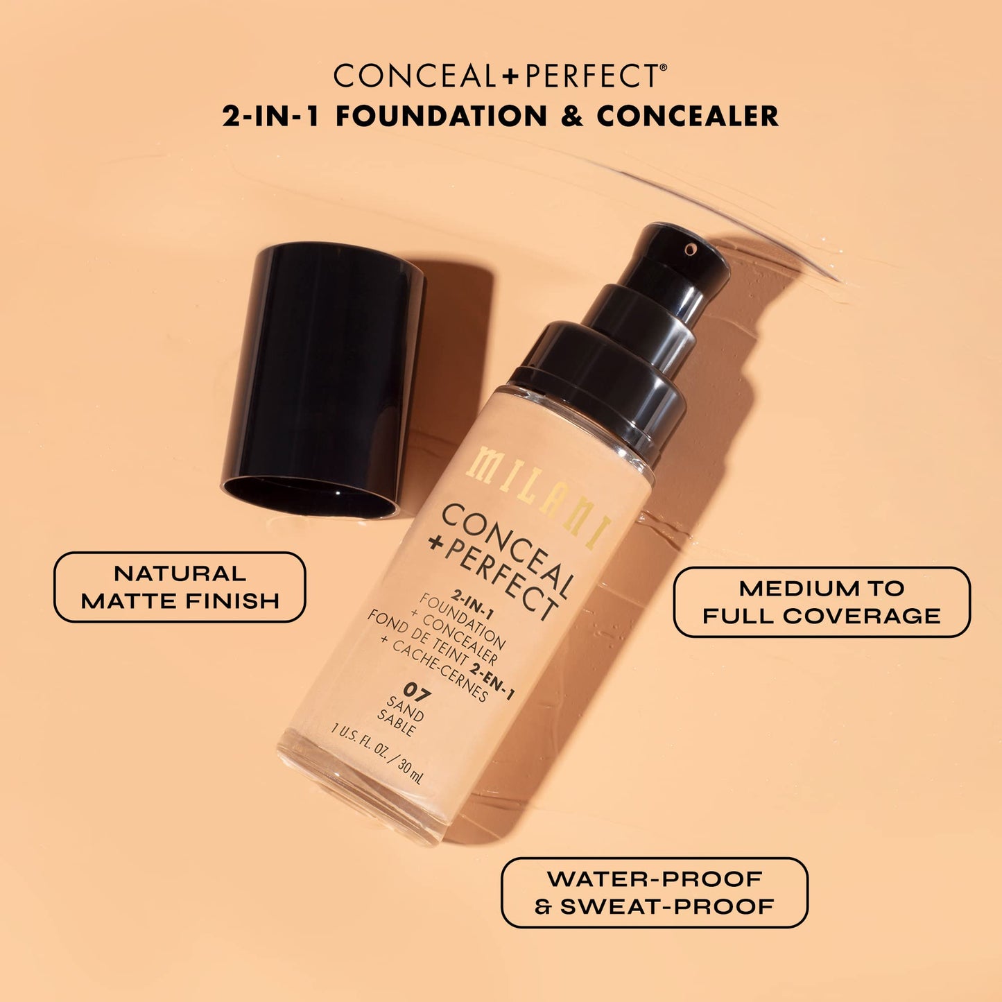 Milani Conceal + Perfect 2-in-1 Foundation & Concealer – Golden Tan, Full Coverage, Hides Redness & Imperfections, Waterproof & Sweatproof