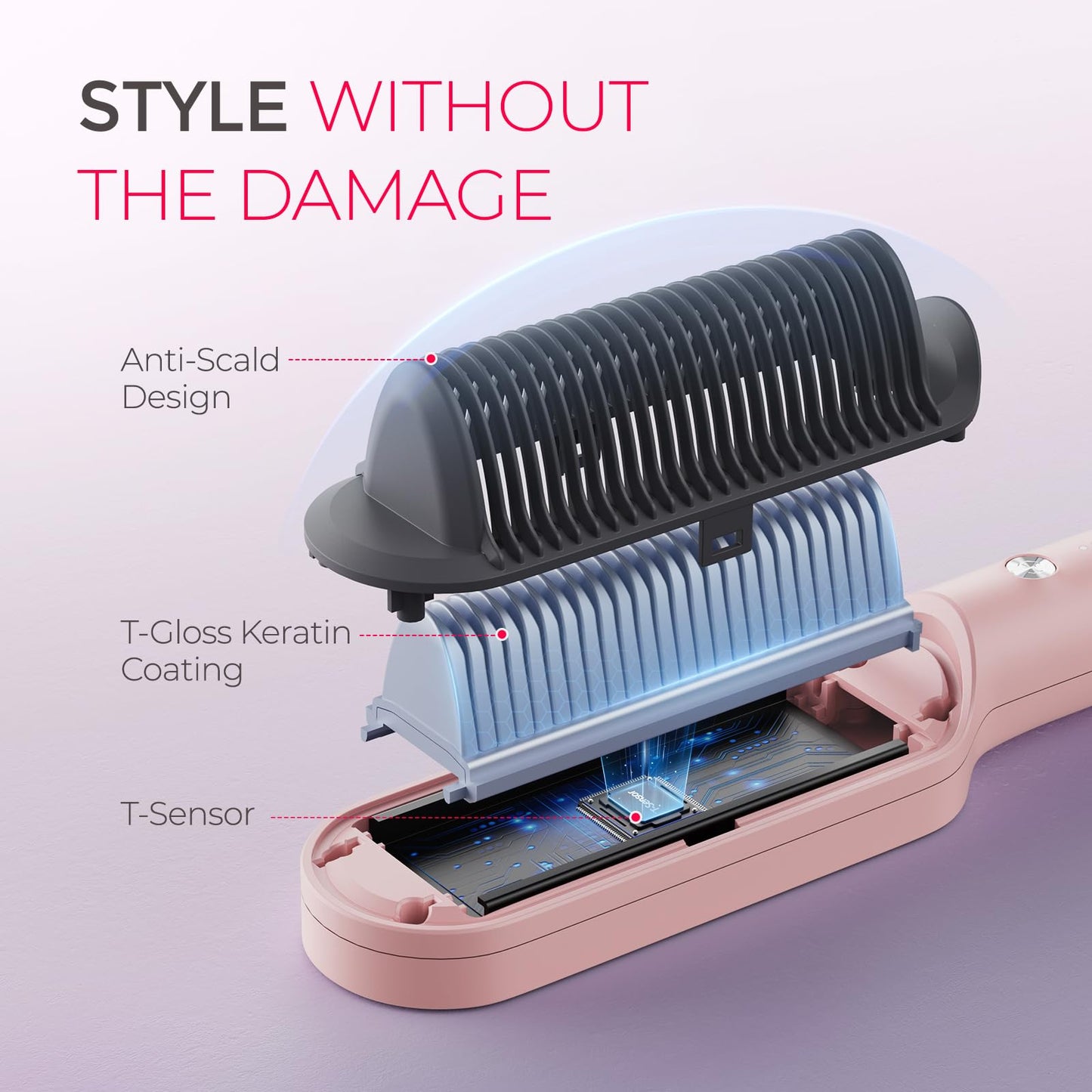 TYMO Ring Hair Straightener Brush - Hair Straightening Iron with Built-in Comb, 20s Fast Heating & 5 Temp Settings & Anti-Scald, Perfect