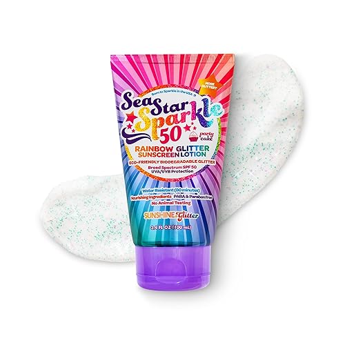 Seastar Sparkle - Rainbow Party Cake Scented Glitter Sunscreen - SPF 50 - Biodegradable Sunscreen, Kids, Water Resistant, Glitter lotion, Cruelty