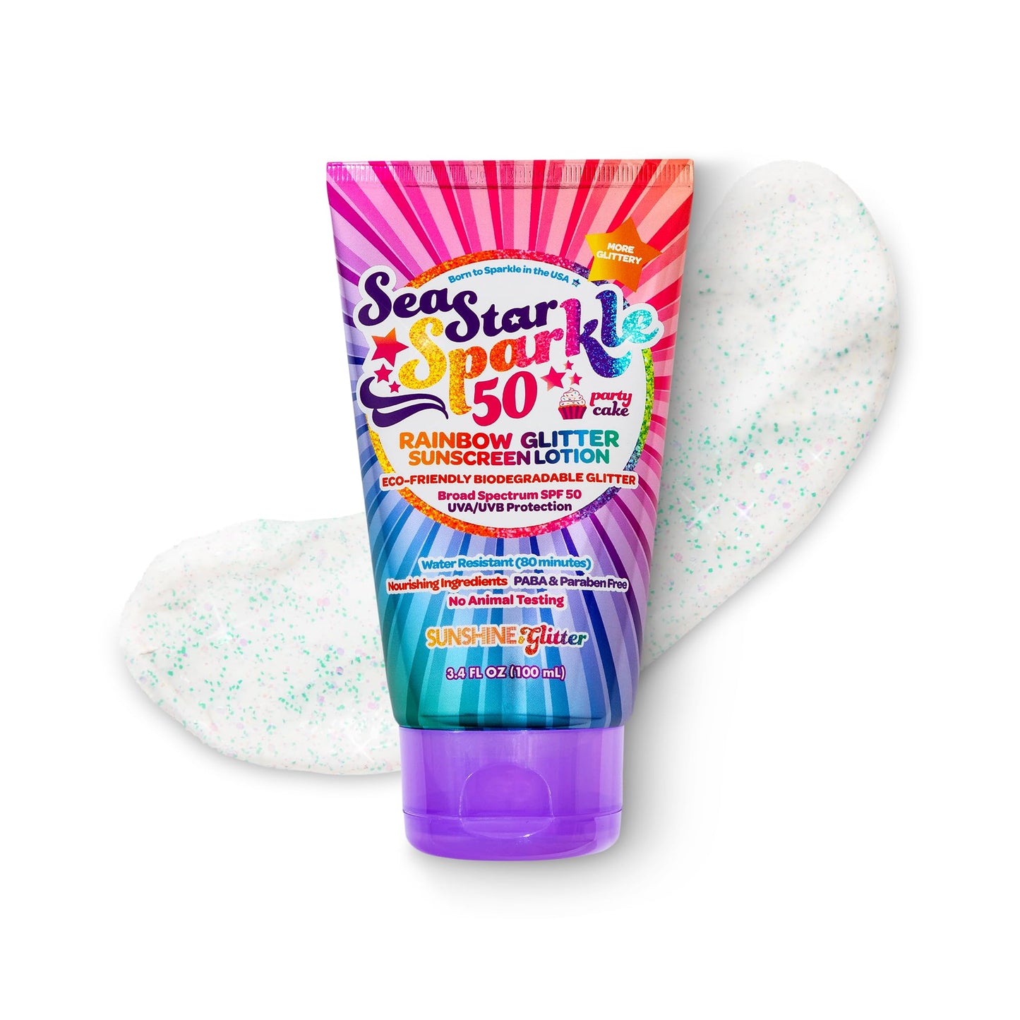 Seastar Sparkle - Rainbow Party Cake Scented Glitter Sunscreen - SPF 50 - Biodegradable Sunscreen, Kids, Water Resistant, Glitter lotion, Cruelty