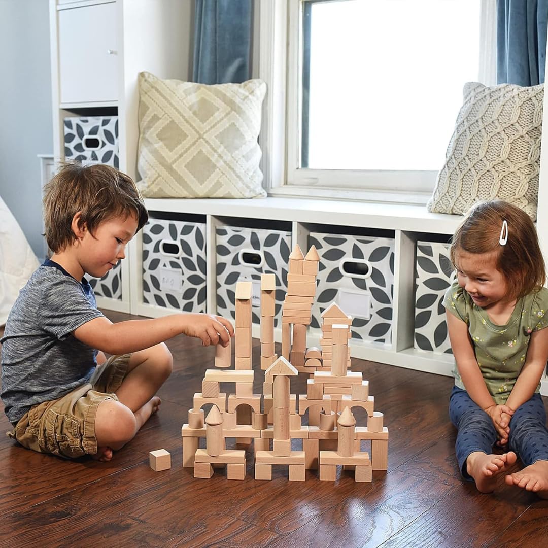 Pidoko Kids Wooden Blocks 100pcs – Natural Beech Wood Building Set with Storage & Shape Sorter Lid, Preschool Learning Toys