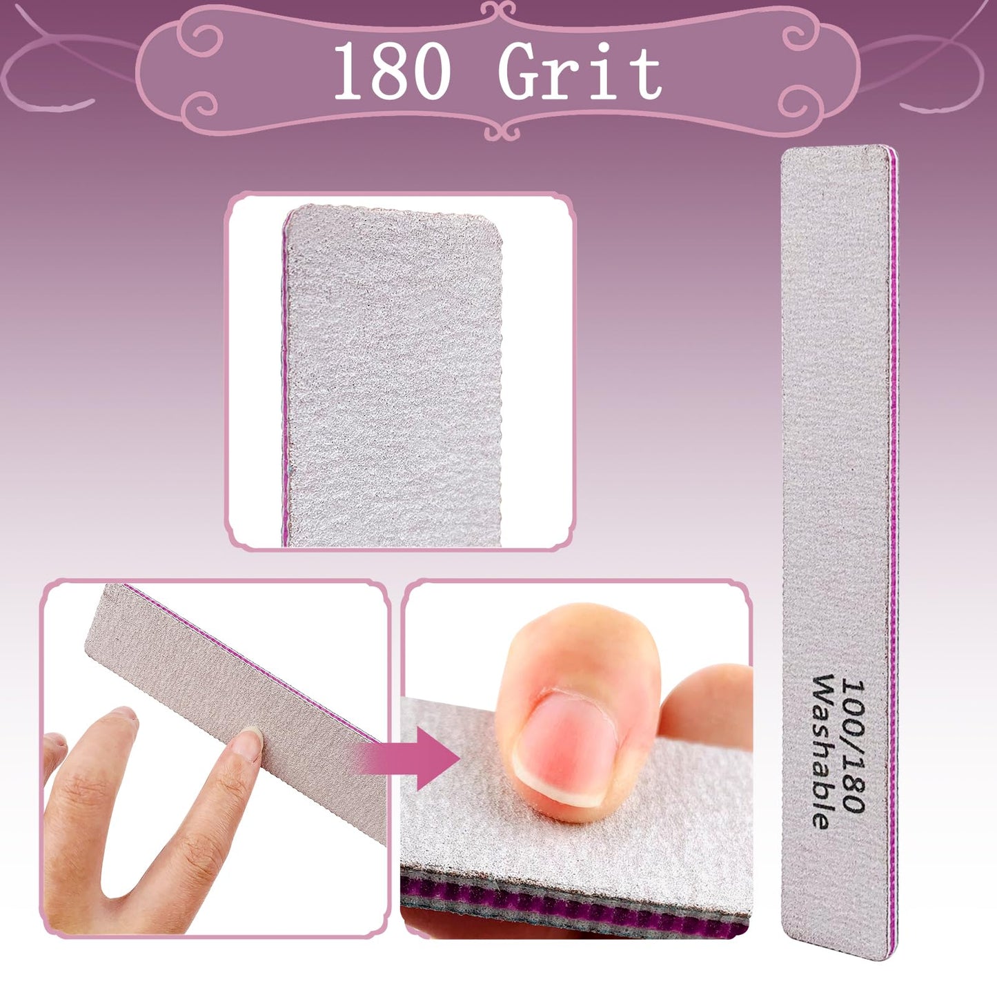 HeeYaa Nail File 12 PCS Professional Reusable 100/180 Grit Double Sides Washable Nail File Manicure Tools for Poly Nail Extension Gel and Acrylic