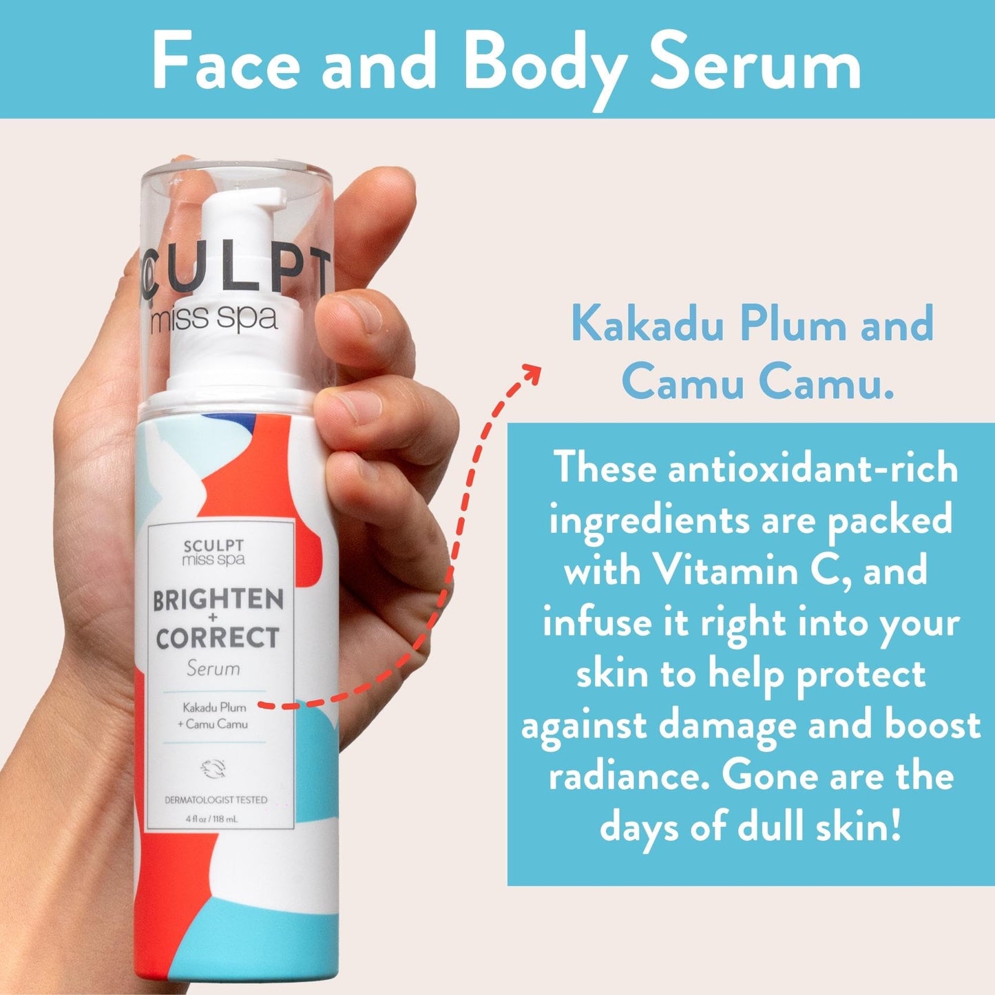 Miss Spa Brighten Correct Face Serum for Women, Vitamin C Face Serum, Kakadu Plum and Camu Camu, Brightening Face Body Serum, Skin Care Products