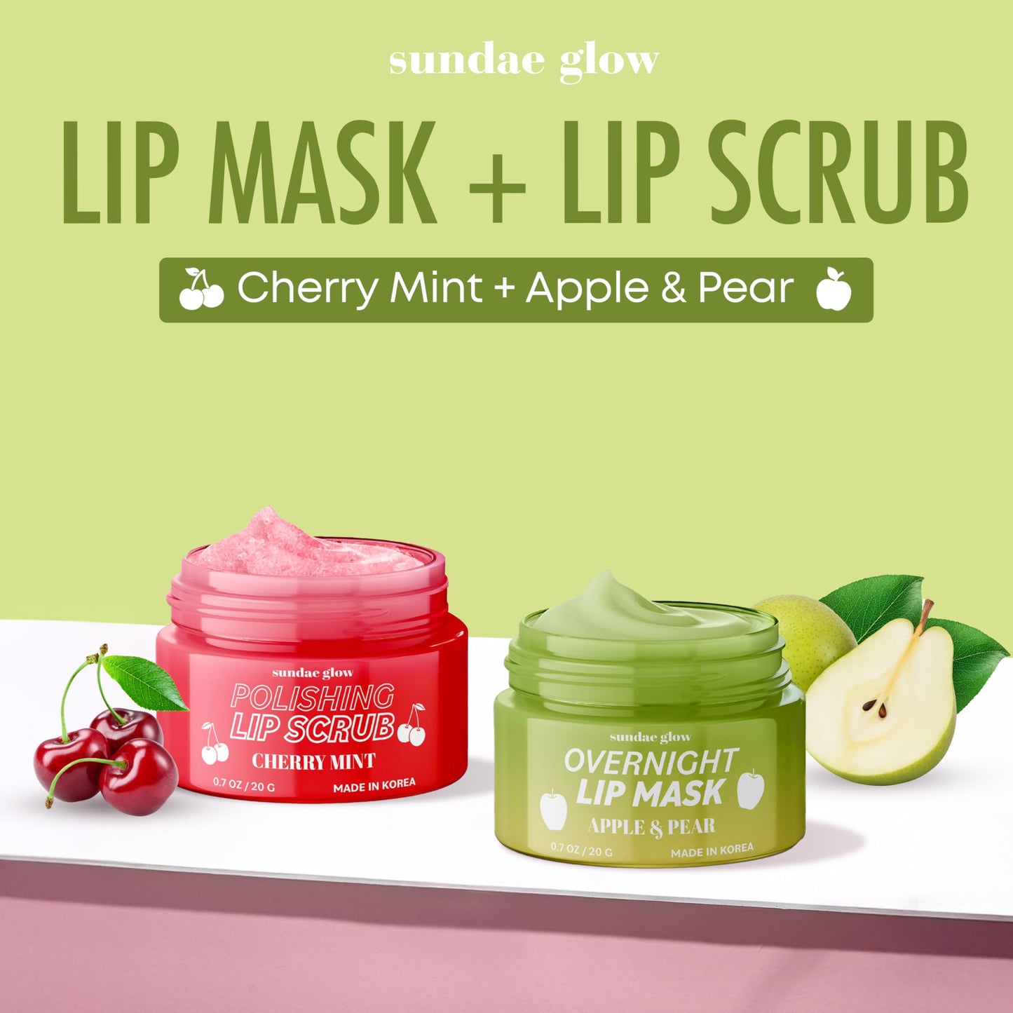 Sundae Glow Lip Mask & Scrub - Apple, Pear, Cherry & Mint - Hydrates, Exfoliates, Softens, Repairs Dry & Chapped Lips - Dermatologist Tested, Korean