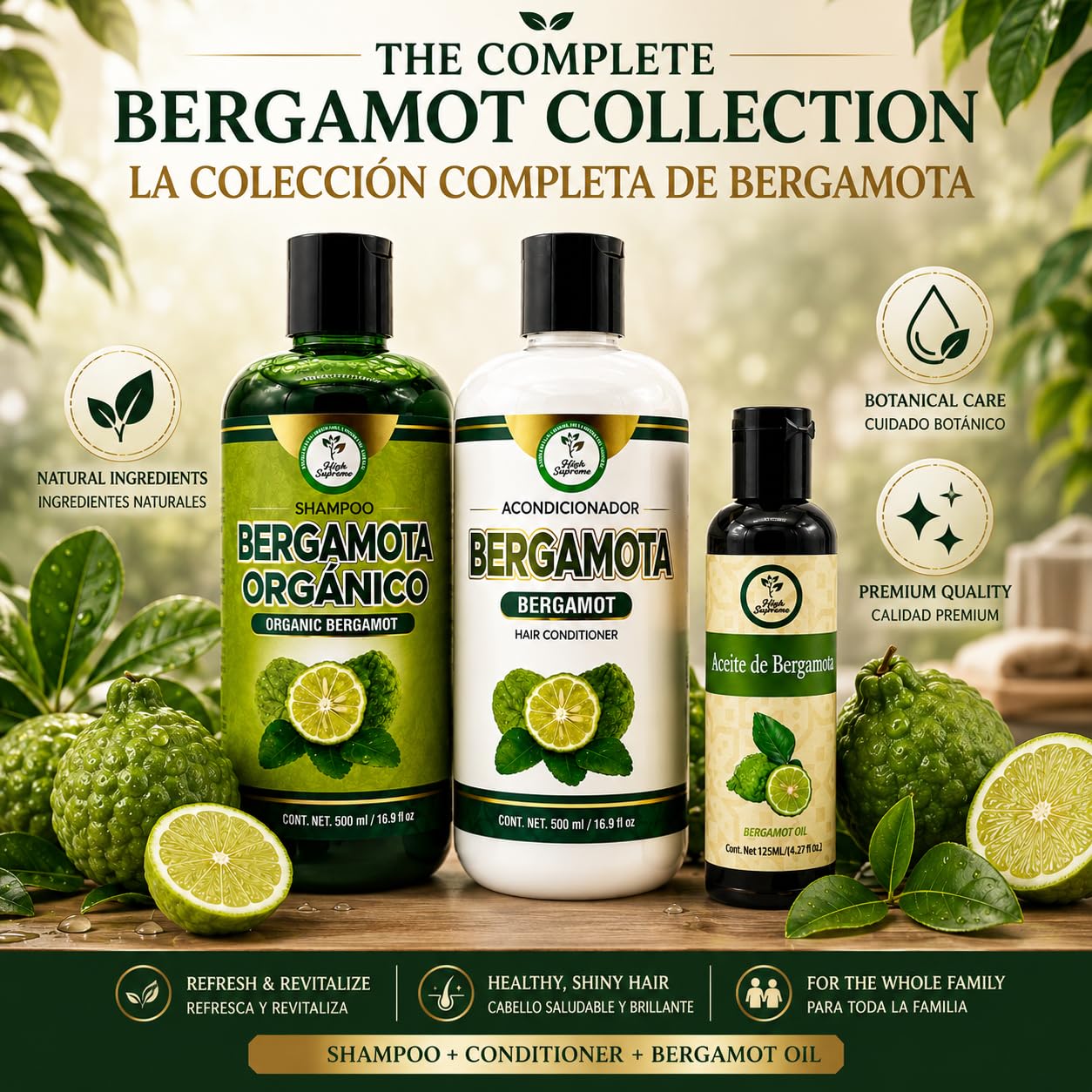 Shampoo Organic Bergamot + Conditioner (16.9 fl oz) with Aloe Vera & Rosemary | SHAMPOO ORGÁNICO BERGAMOTA con Sábila & Romero + Acondicionador 16.9