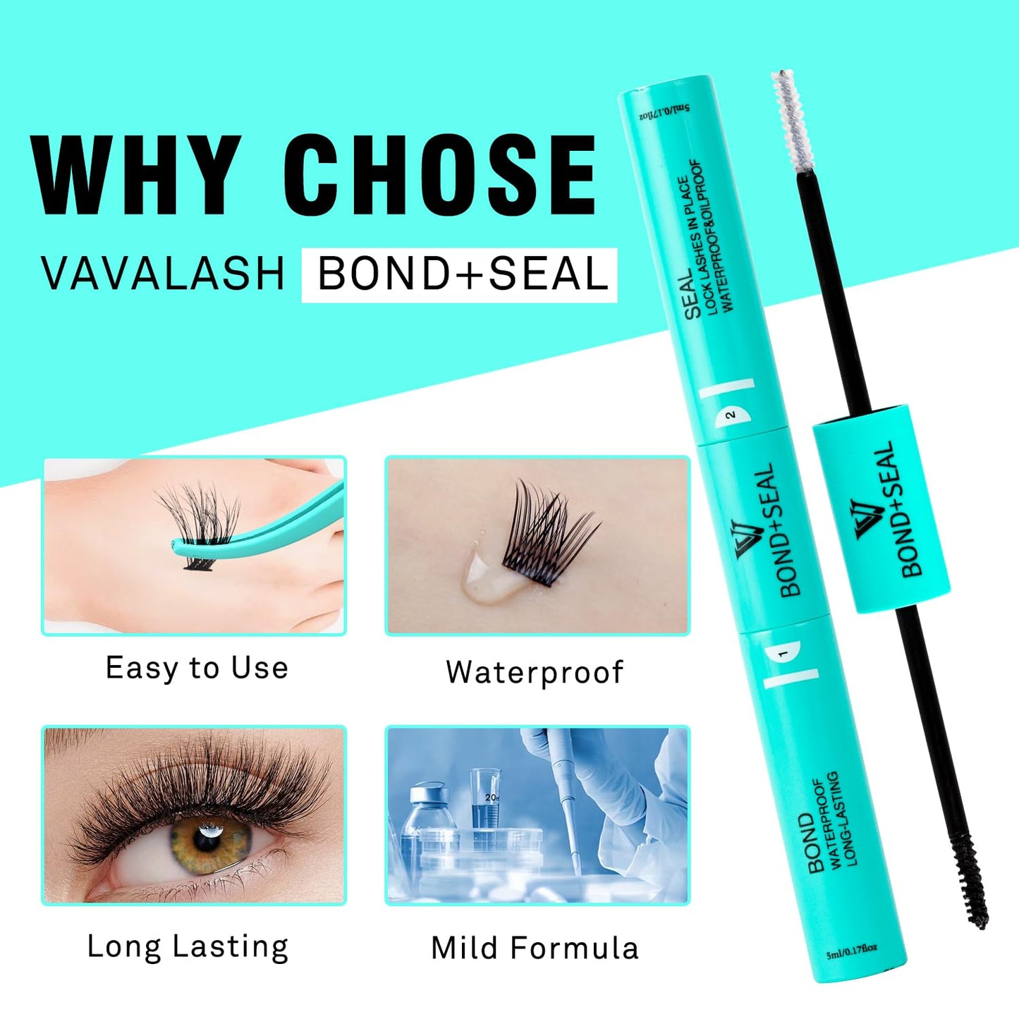 VAVALASH Lash Bond and Seal Waterproof Lash Glue 2 in 1 Long Lasting Lash Clusters Bond for Eyelash Extensions Strong Hold Waterproof Adhesive Beauty and Personal Care VAVALASH