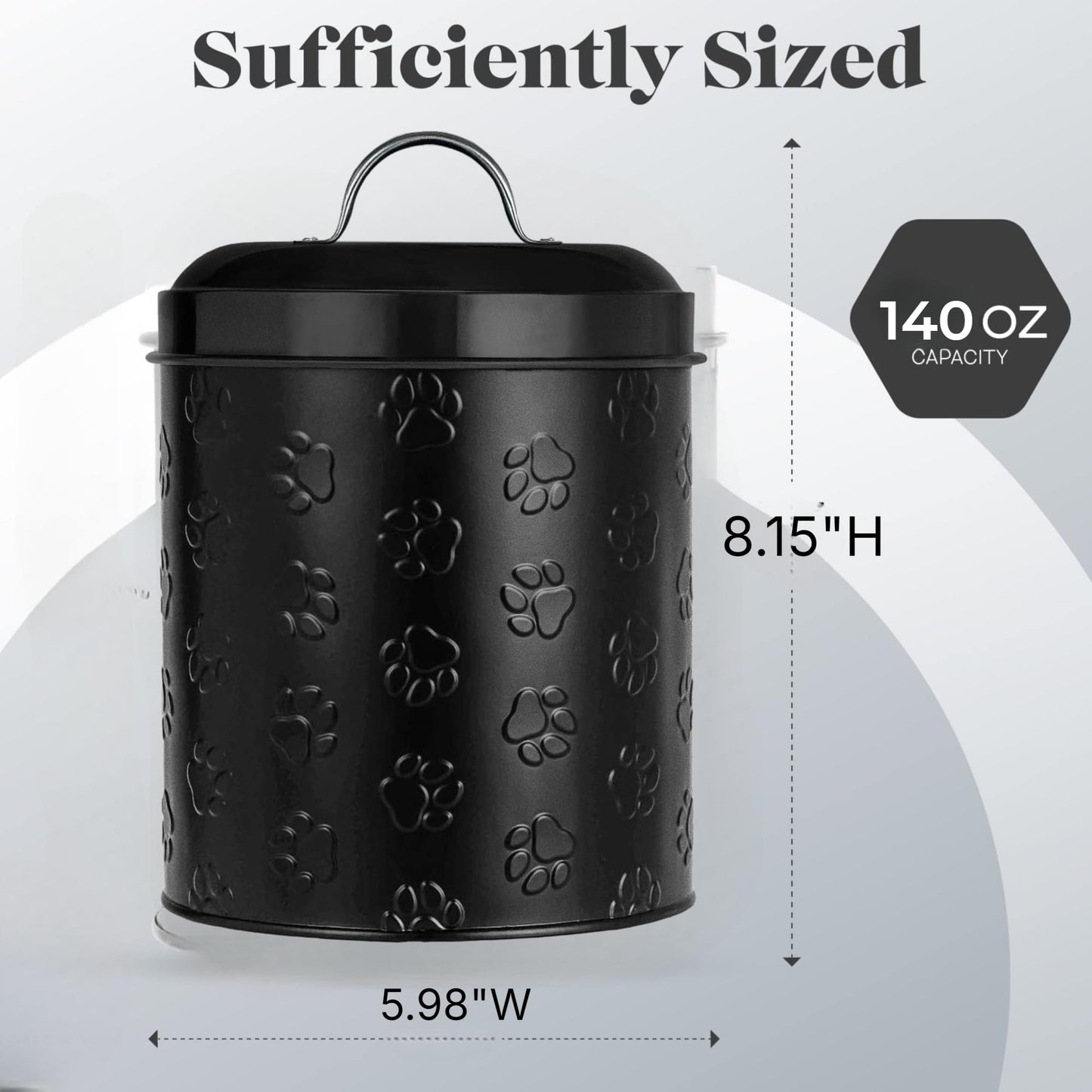 Amici Pet Puppy Paws Black Metal Canister with Embossed Paw Design - Large 140 oz Airtight Food Storage Jar for Wet or Dry Pet Foods - (8" H x 6" W)…