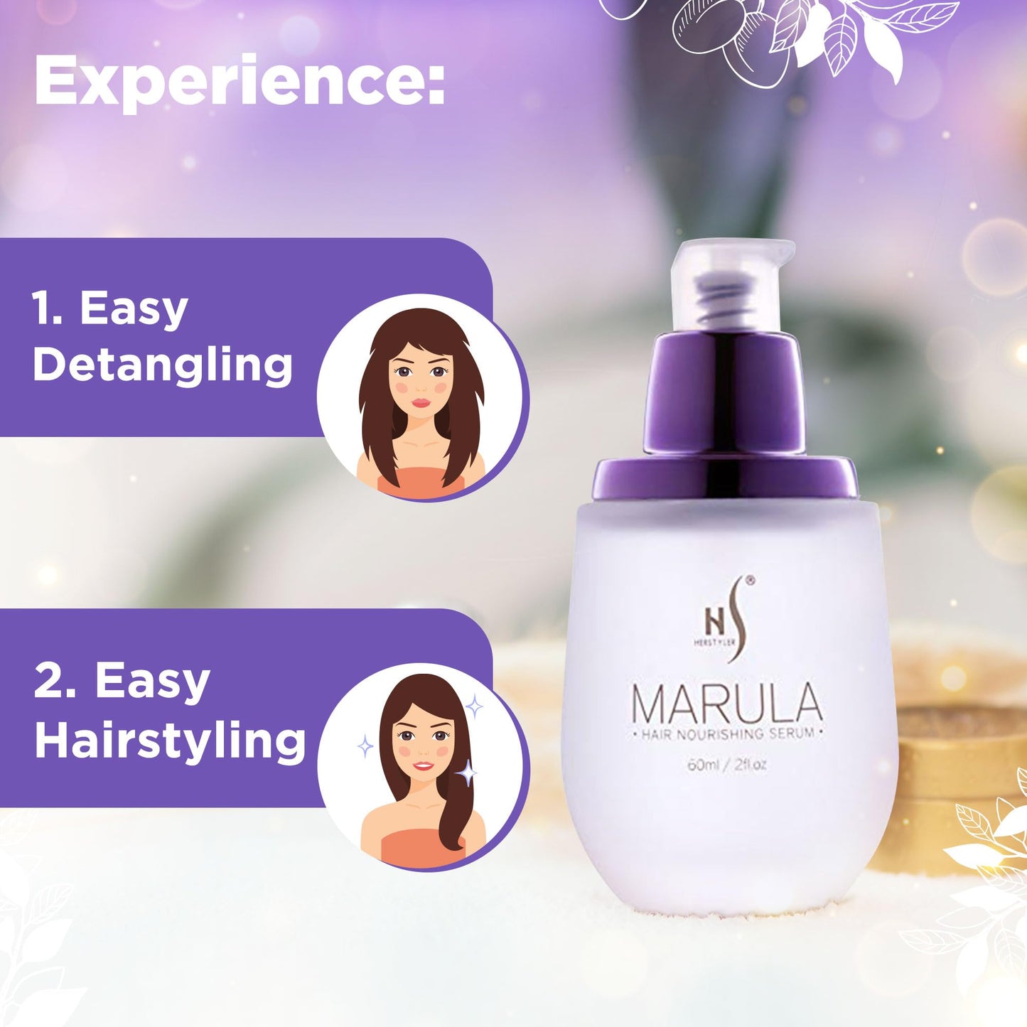 HerStyler Marula Oil Hair Serum - Anti Frizz Serum for Frizzy, Dry and Damaged Hair - Boosts Shine, Straightening - Address Flyaways, Split Ends - 2