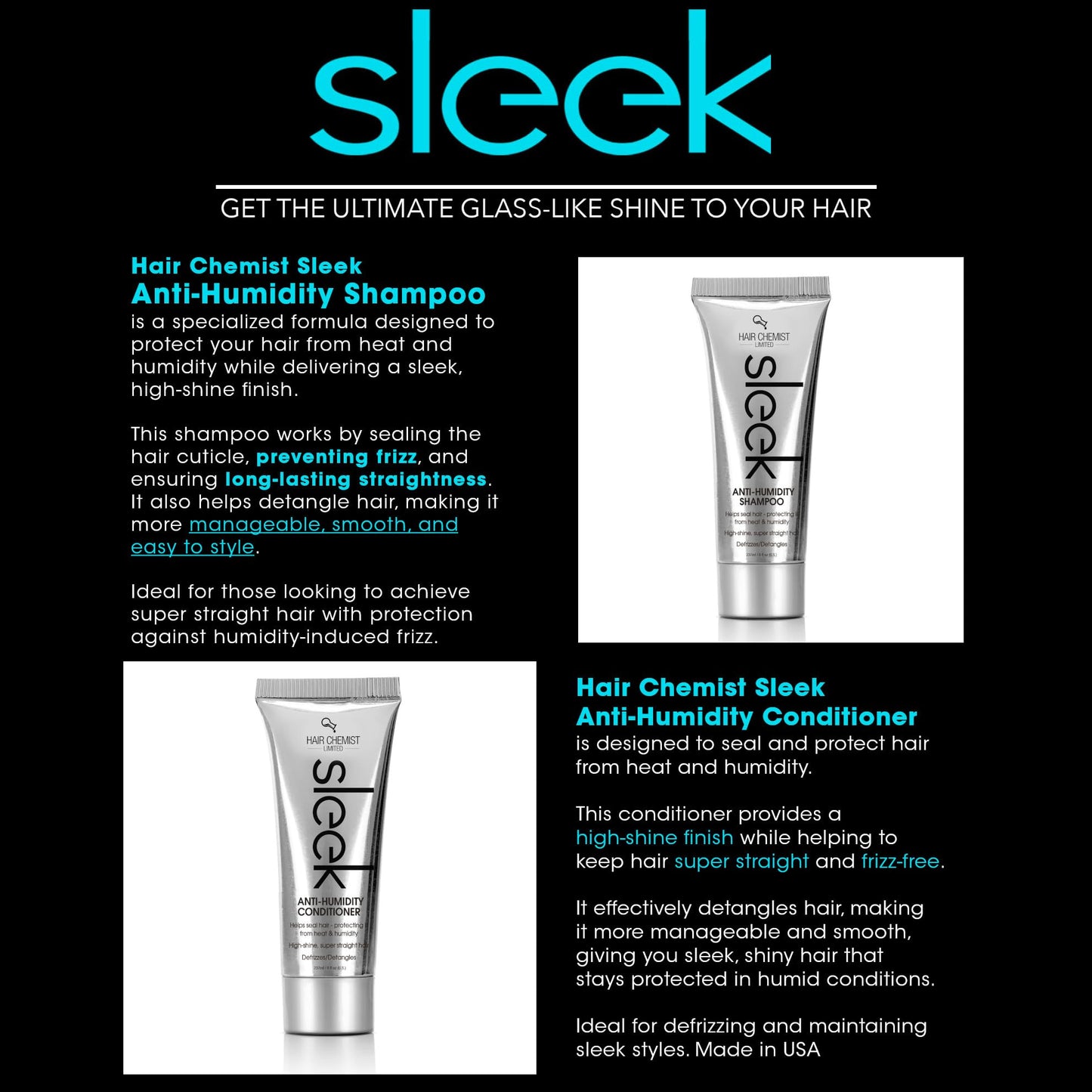 Hair Chemist SLEEK Anti Humidity Shampoo & Conditioner 8 oz. (2-PC SET) - Frizzy Hair Shampoo and Conditioner for Silky Hair & Super Straight Hair