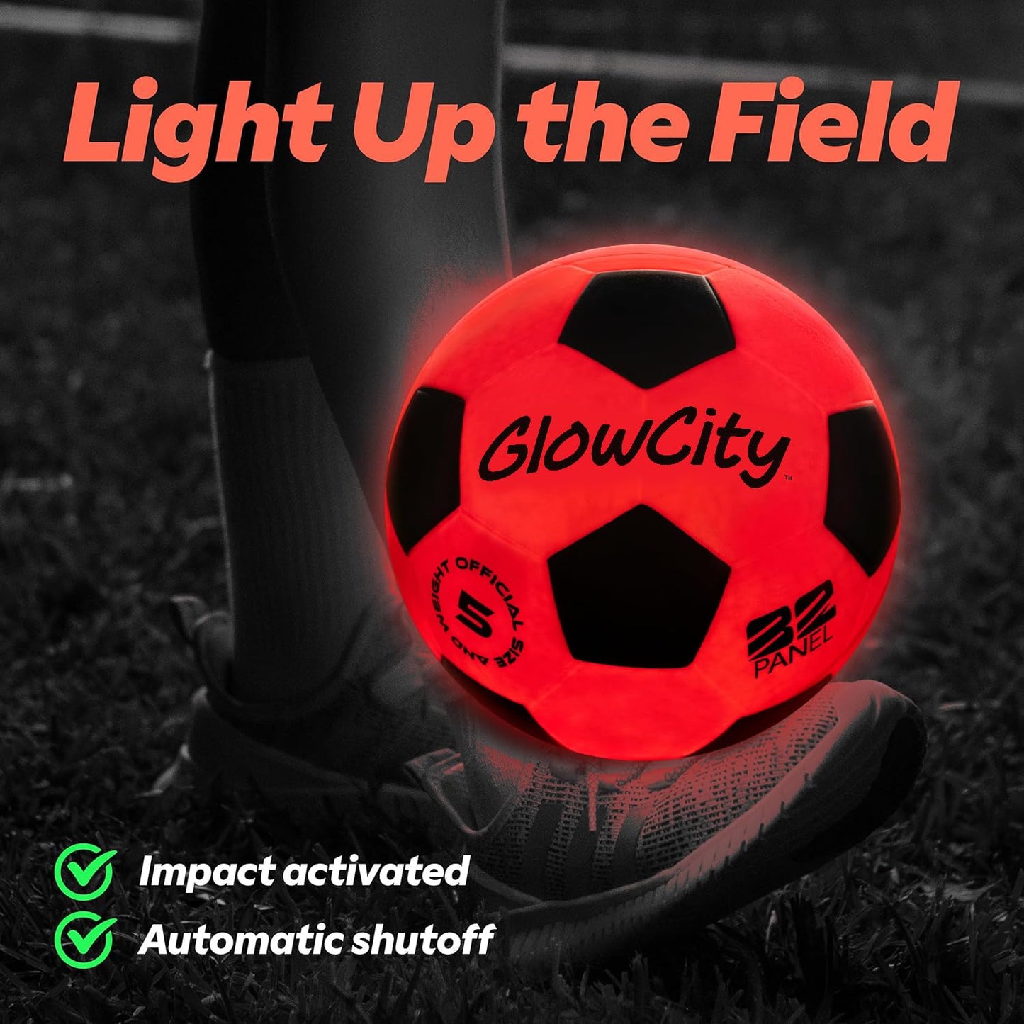 GlowCity Glow in The Dark Soccer Ball | Light Up Indoor/Outdoor Soccer Ball with 2 LED Lights | Pre-Installed Batteries | Fun Gift for Teens