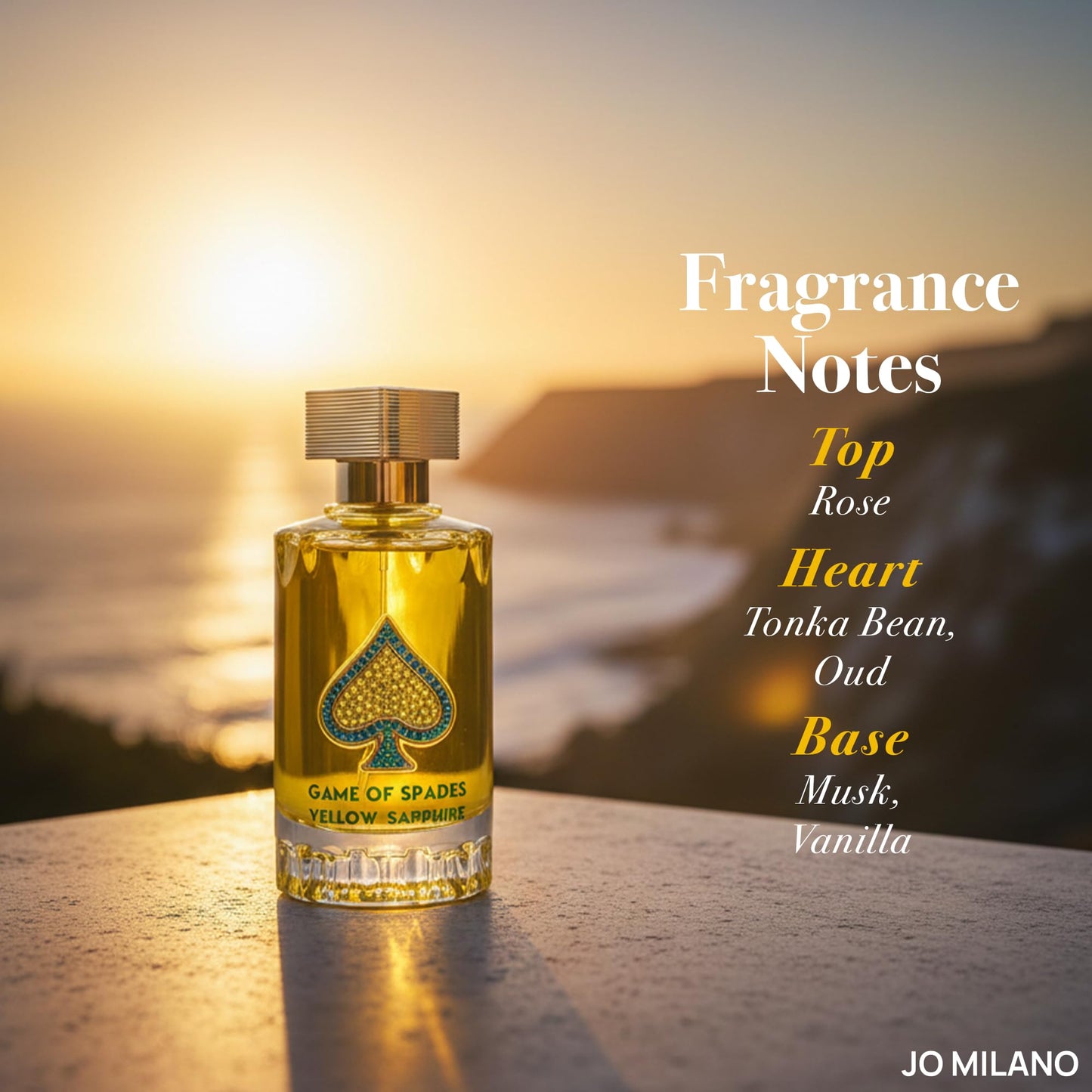 Jo Milano Game of Spades Yellow Sapphire Parfum Spray | 3.4 oz (100ml) | Amber, Sweet, Musky, Rose, Oud, Floral Scent | Long Lasting Fragrance for Men