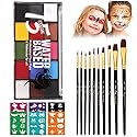 Face Painting Kit for Adults, Water Activated Body Face Paint, 15 Colors Water Based Facepaints Makeup Palette 12 Pcs Brushes, Stencils, Non Toxic