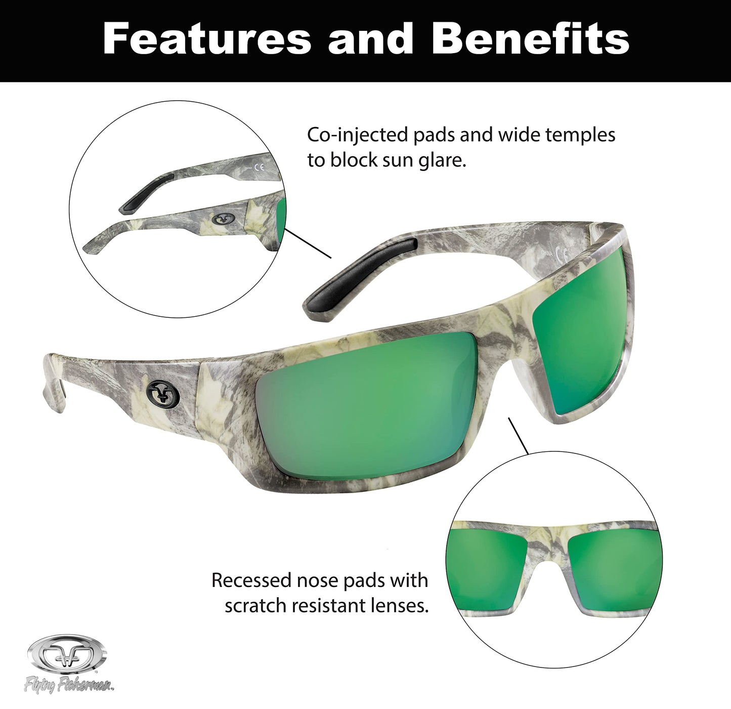 Flying Fisherman Sargasso Wrap Around Polarized Sunglasses, Matte Camo Frame/Amber-Green Mirror Lens, Medium