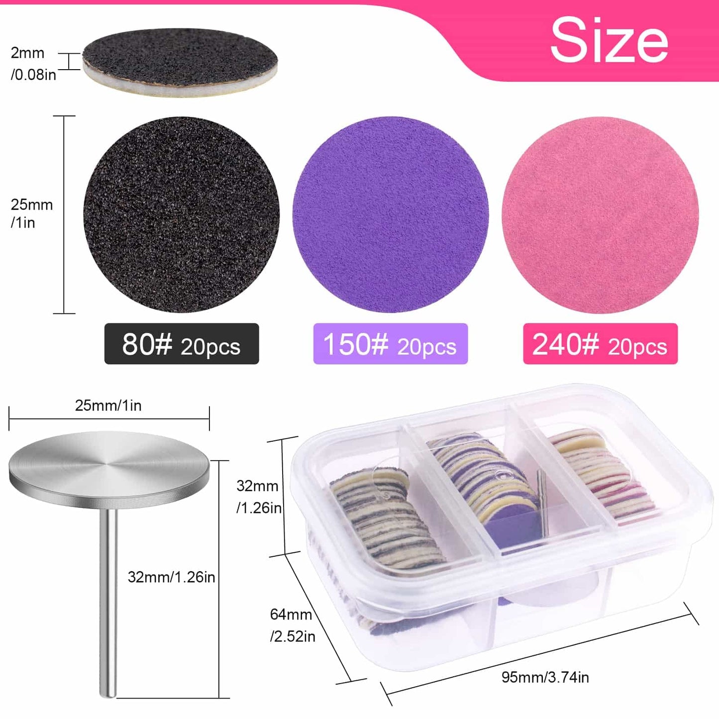 Difenni Sanding Paper Discs with Metal Nail Drill Bit Foot Sandpaper Discs 25mm Foot File Sandpaper Discs #80#150#240 Grits for Manicure Pedicure