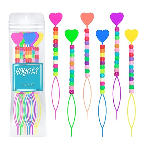 Hoyols Quick Beader for Loading Beads - Braid Stringer Ponytail Maker, Hair Styling Tools Kit for Kids Girls Colorful (6pcs Multi Color w/beads)