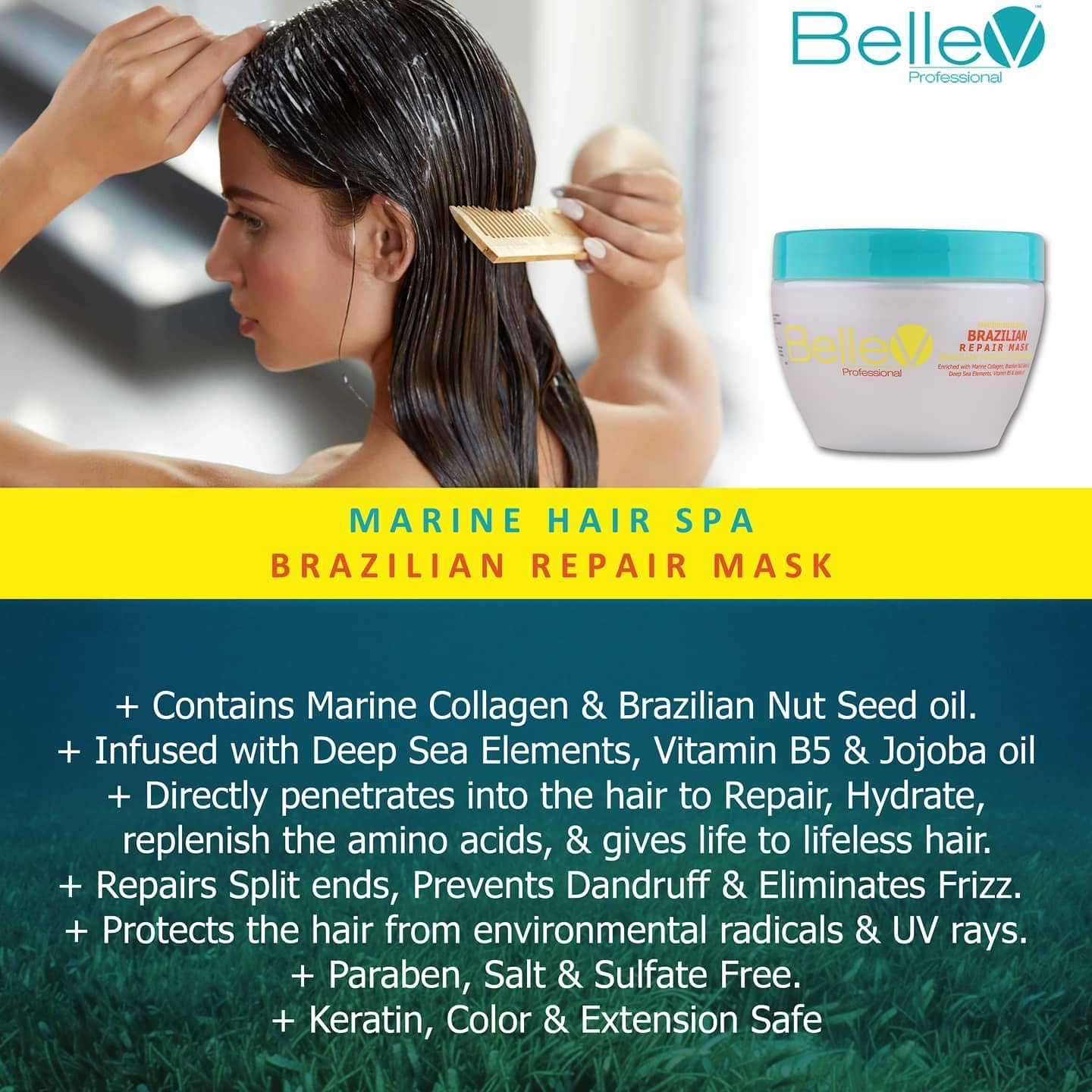 BelleV Professional Marine Hair Spa TRIO SET (16.8 fl oz) Marine Color Shampoo (16.8 fl oz) Marine Conditioner (300g) Brazilian Repair Mask