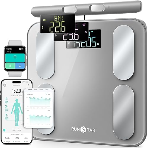 RunStar Digital Bathroom Scale for Body Weight, Body Fat, BMI 28 Measurements, Innovative 8-Electrode Smart Scales FSA&HSA Eligible with Voice Prompt…