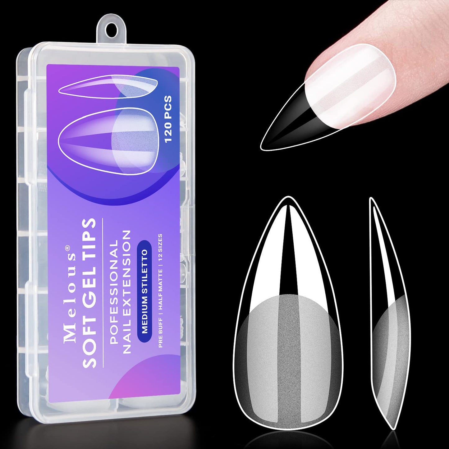 Melous Medium Stiletto Gel False Nail Tips, 120 PCS Pre Buff Full Cover, Square, Matte, 12 Sizes, 120 Number of Pieces, Nail Art Enhancement