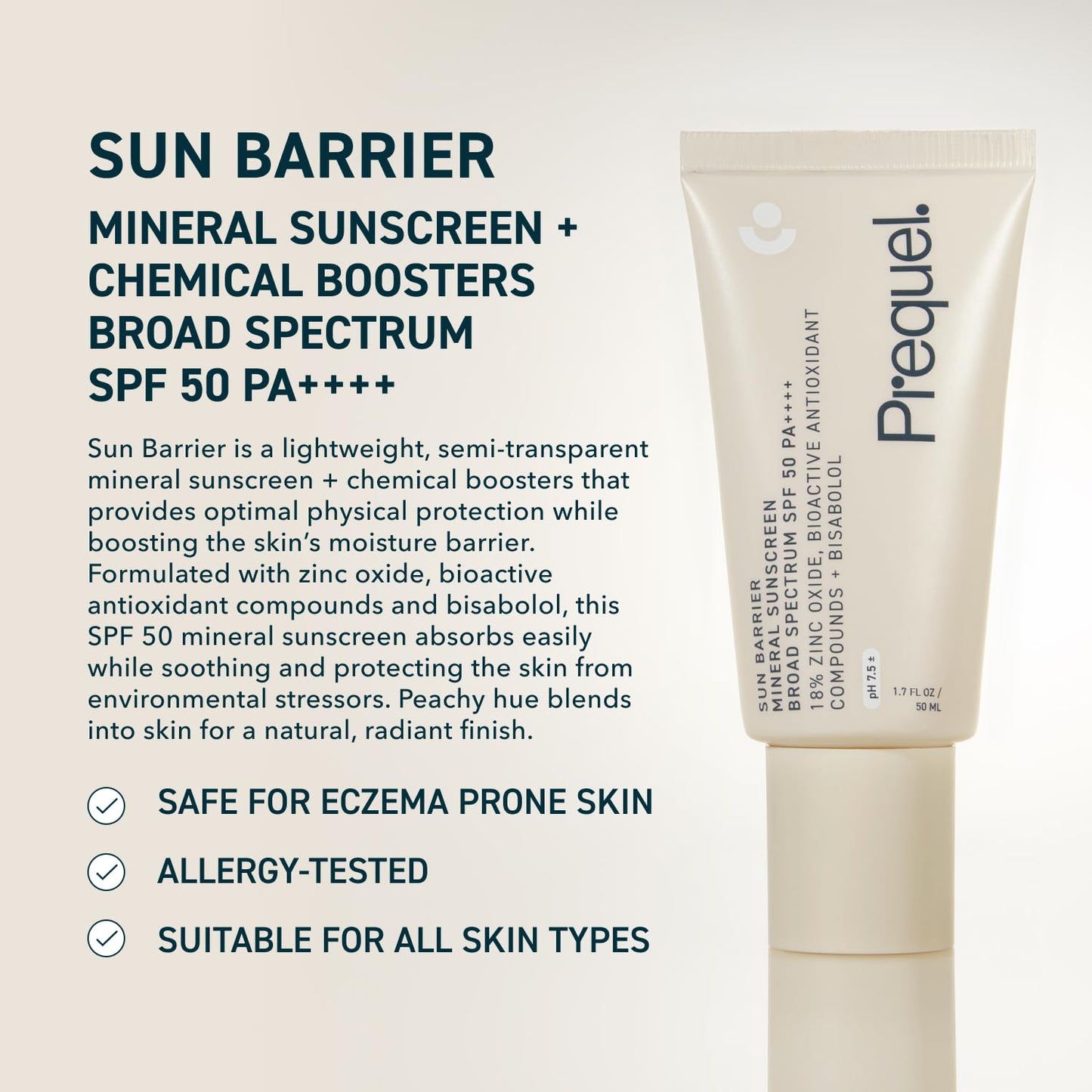 Prequel Skin Sun Barrier Mineral Sunscreen SPF 50. PA++++ Broad Spectrum Zinc Oxide Sunblock with Semi-Transparent Lightweight Texture. Moisturizing