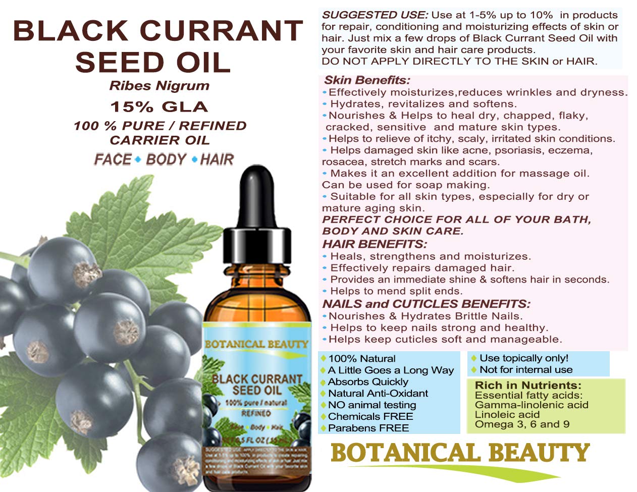 Botanical Beauty BLACK CURRANT SEED OIL. 100% Pure Natural Undiluted Refined Cold Pressed Carrier Oil for Skin, Hair, Lip and Nail Care (4 Fl Oz)