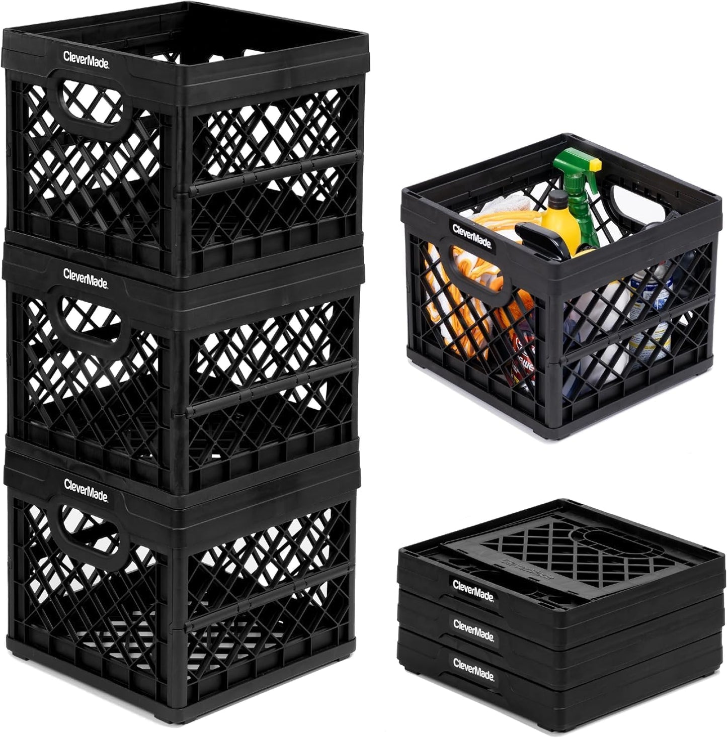 CleverMade Collapsible Milk Crate, Black, 3PK - 25L (6 Gal) Stackable Storage Bins, Holds 50lbs Per Bin - Clevercrates are Heavy Duty, Plastic…