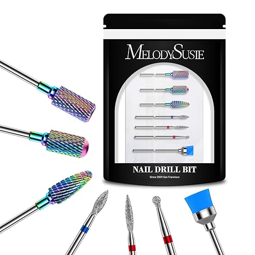 MelodySusie Nail Drill Bits Set, 7pcs Tungsten Carbide Diamond Nail Drill Bits for Acrylic Nails Poly Gel Cuticle Remove, 3/32'' Professional Nail