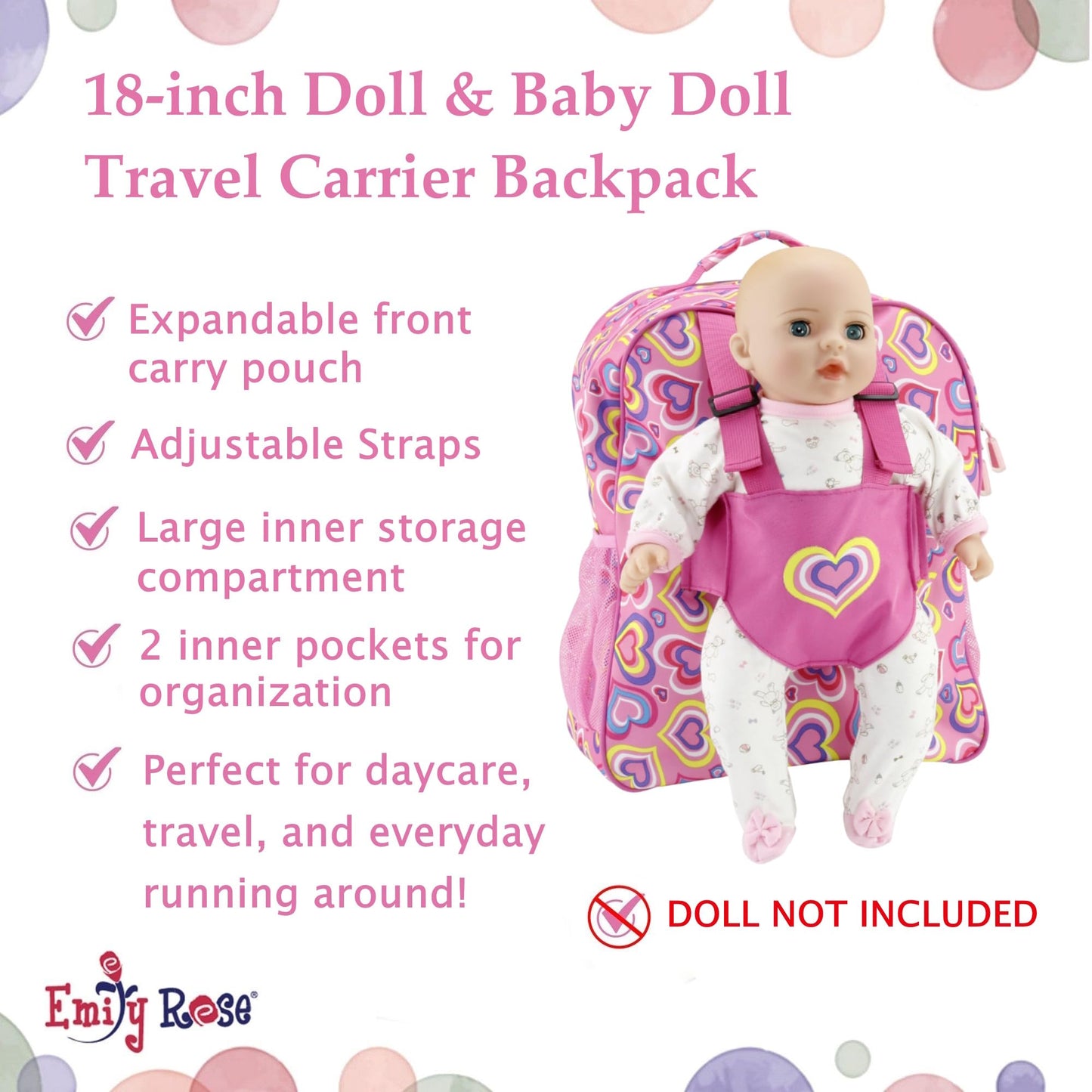 Emily Rose Kids Daypack Overnight Backpack 18-inch Doll Travel Carrier Includes Carry Pouch for Baby Dolls/Stuffed Animals | Little Girls Back Pack for School and Sleepovers (Playful Hearts)