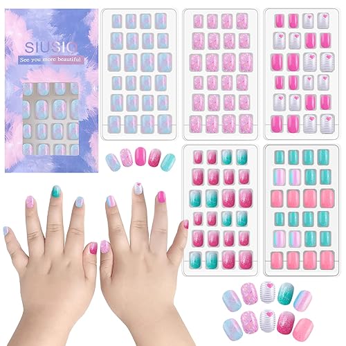 SIUSIO 120 Pcs 5 Pack Children Acrylic Fake Nails Press on Pre-glue Full Cover Glitter Gradient Color Rainbow Short False Nail Art Kits Set for Kids