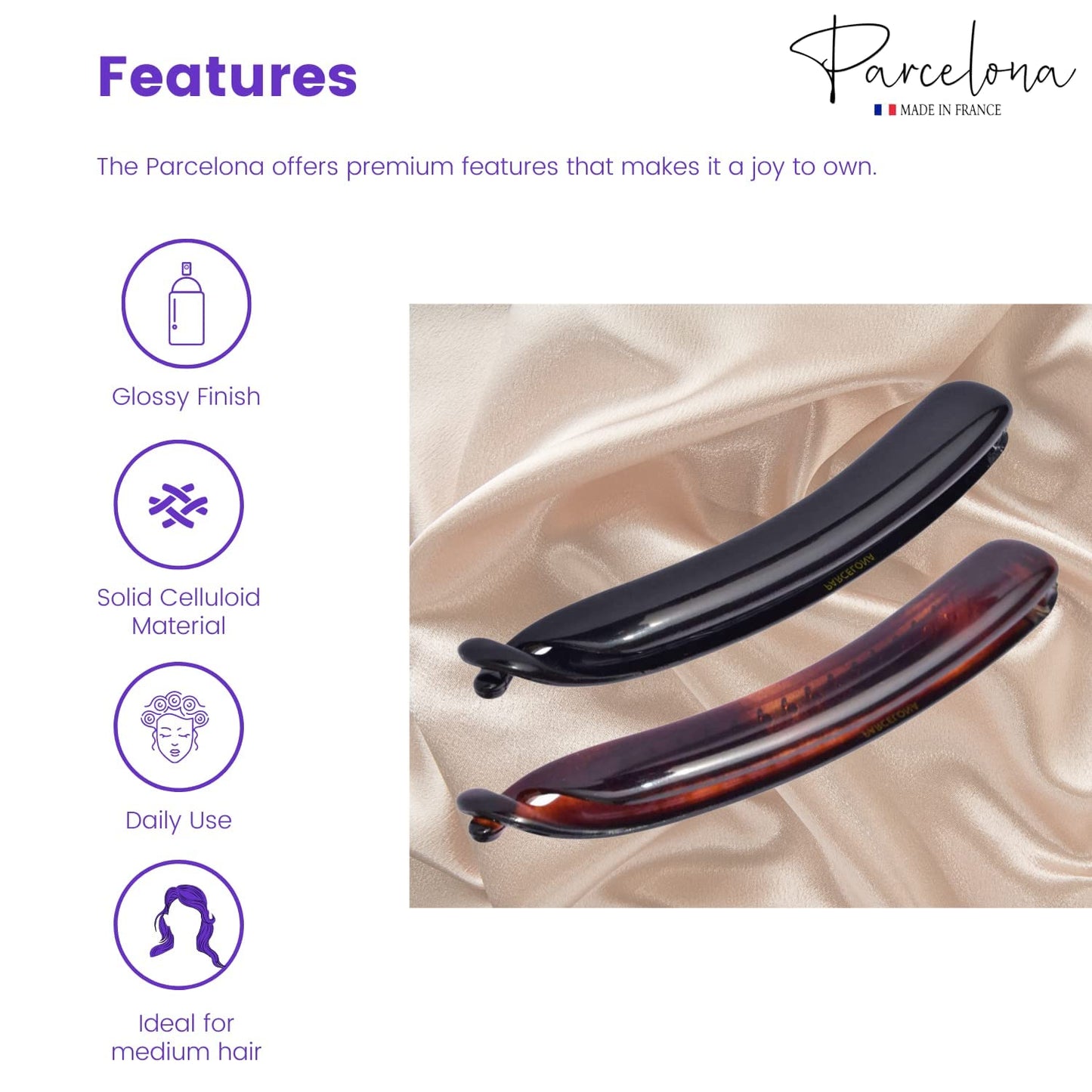 Parcelona French Small 3 ¾” Celluloid Set of 2 French Banana Hair Clip Flexible Ponytail Holder Fashion Durable Styling Paris Hair Accessories