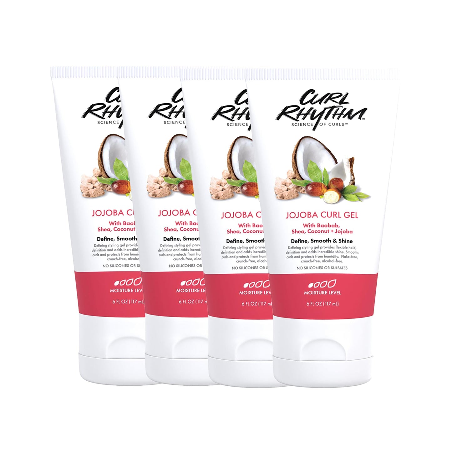 Curl Rhythm Jojoba Curl Gel - Defining Hair Gel for Bouncy, Nourished Waves - Curly Hair Styling Gel with Shea and Coconut - Sulfate Free - 4 pc