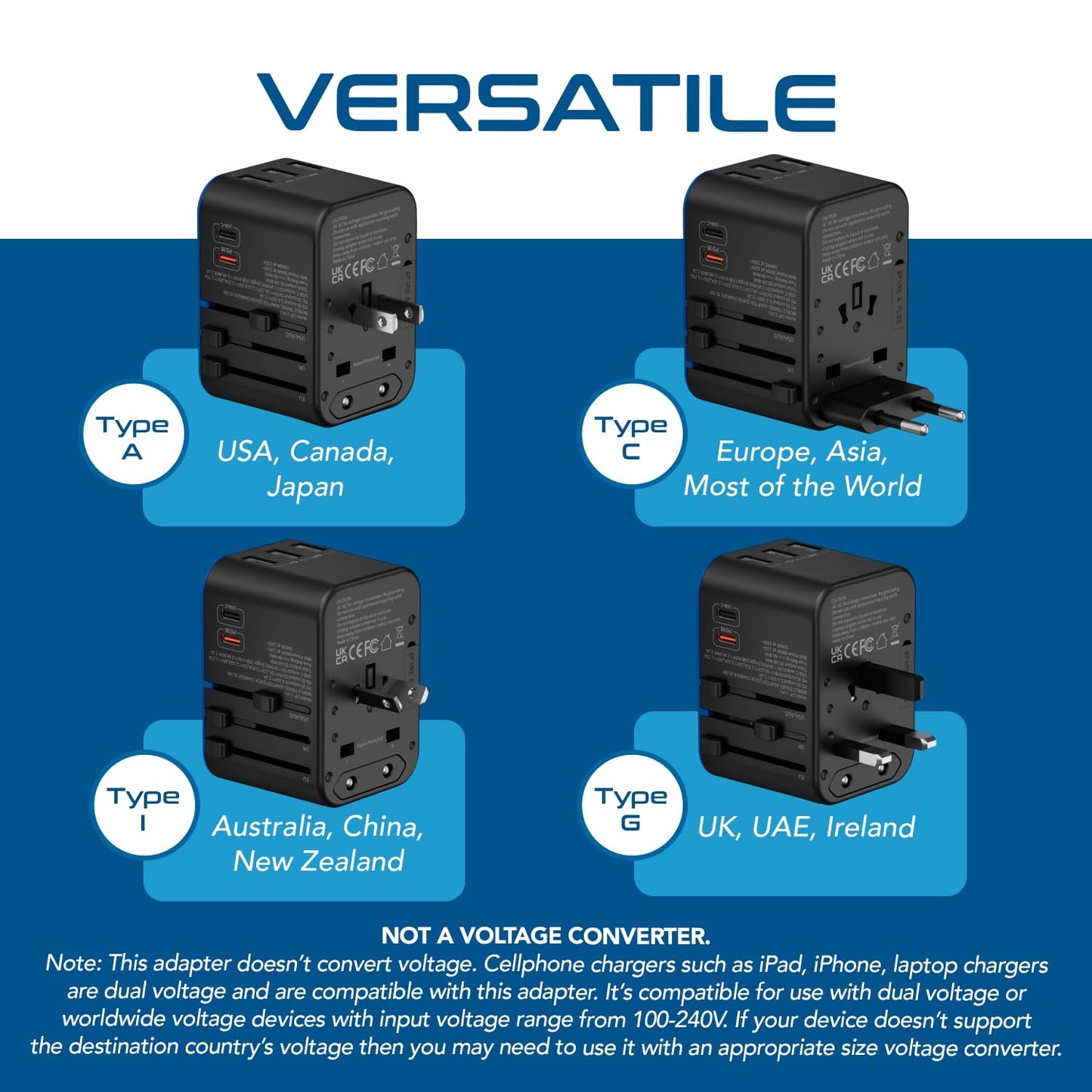 Ceptics 35W Universal Travel Adapter – PD & QC 3.0, Dual USB-C, 3 USB Ports, Worldwide Plug for EU/US/UK/AU – Model 11-KU