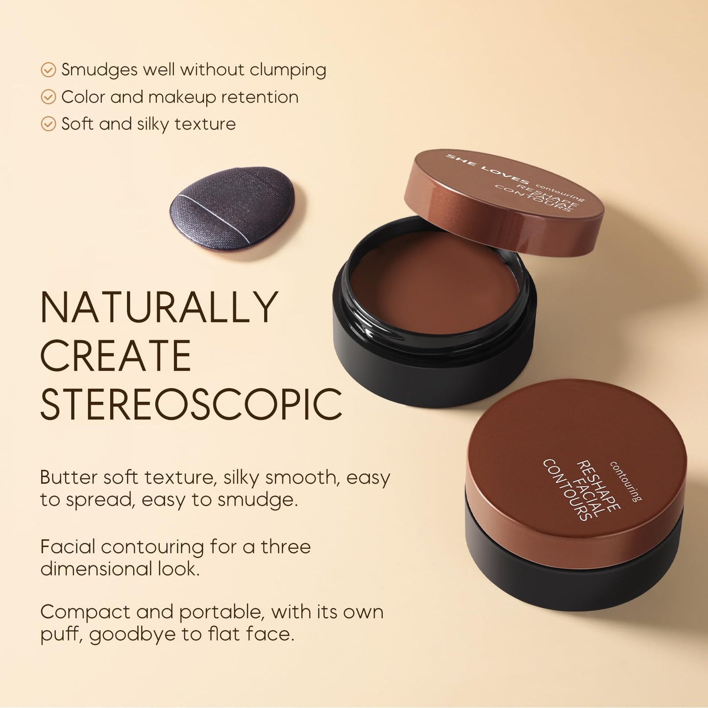 Contour Reshaping Contouring Cream,Warm Toned Cream Bronzer Easy to Sculpt the Face and Create a Nature Stereoscopic Makeup with Mini Cushion |