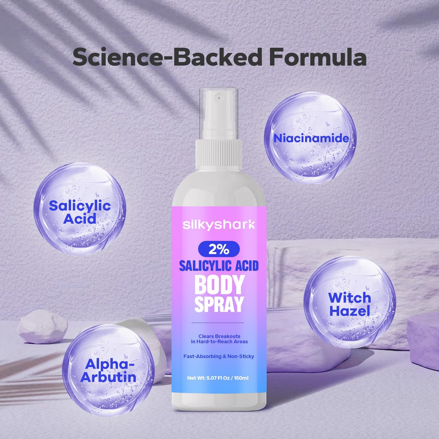 SilkyShark 2% Salicylic Acid Body Spray (5.07 Fl Oz), Back Acne Treatment Spray for Chest, Shoulders & Face, Body Acne Spray for Blackheads