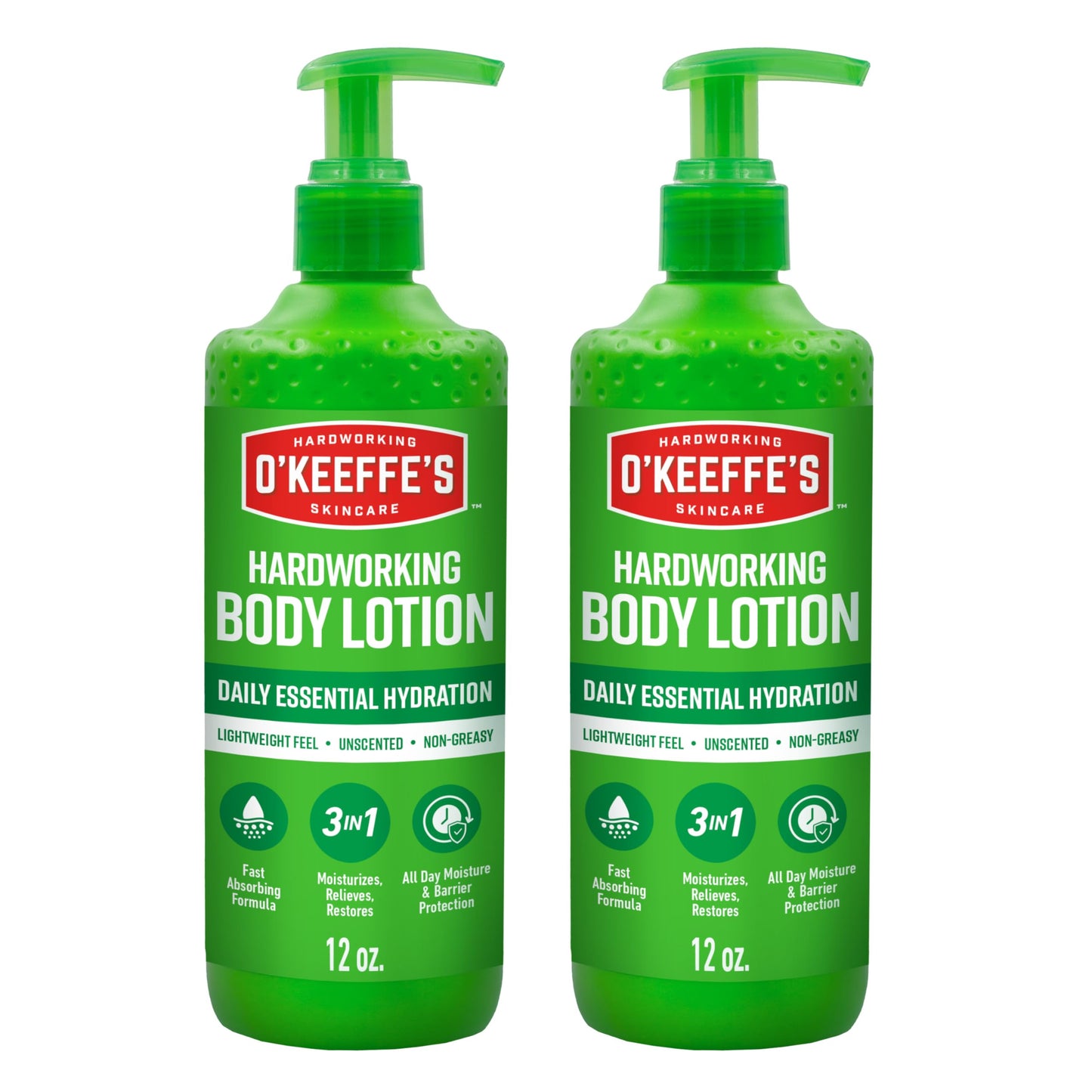 O’Keeffe’s Hardworking Body Lotion, Deep Hydration for Extremely Dry & Cracked Skin, 12 oz Pump (2 Pack), Fragrance-Free & Hypoallergenic, Non-Greasy